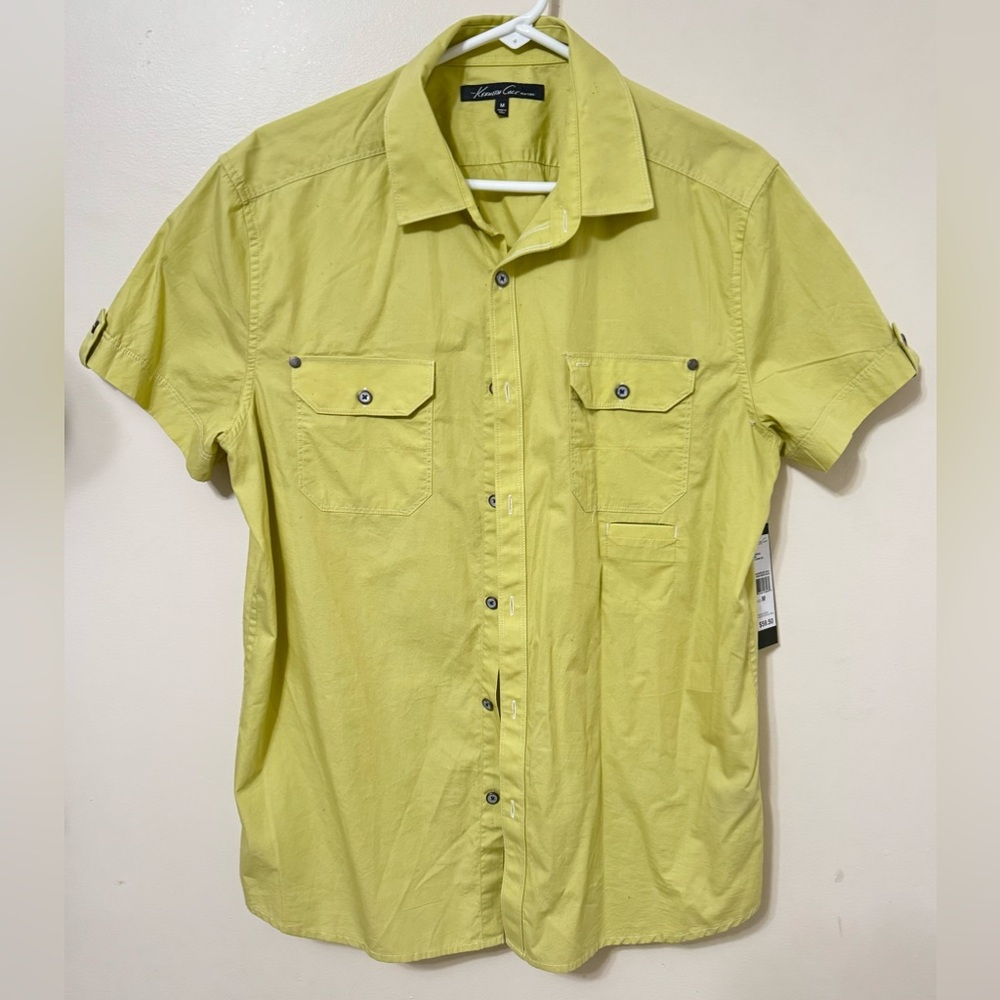 Kenneth Cole Men Button Up Short Sleeve M Chartreuse